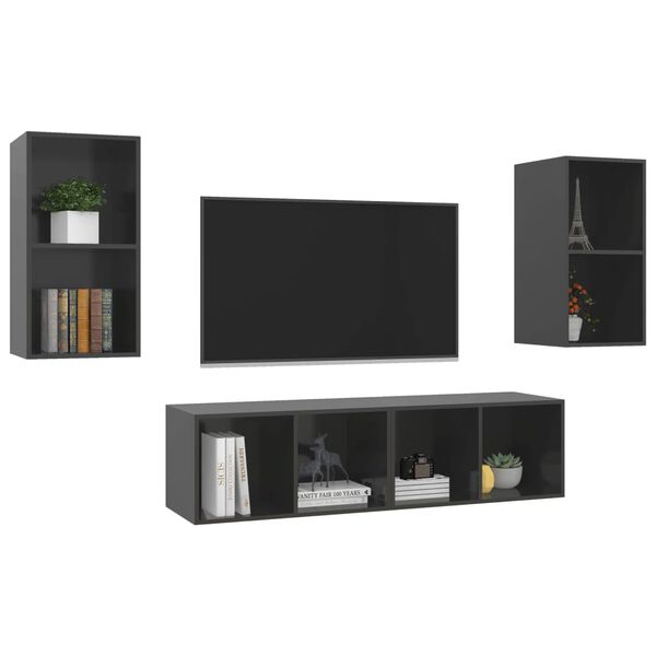 vidaXL Wall-mounted TV Cabinets 4 pcs High Gloss Grey Engineered Wood