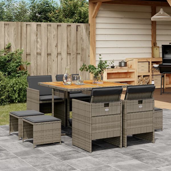vidaXL 9 Piece Garden Dining Set with Cushions Grey Poly Rattan