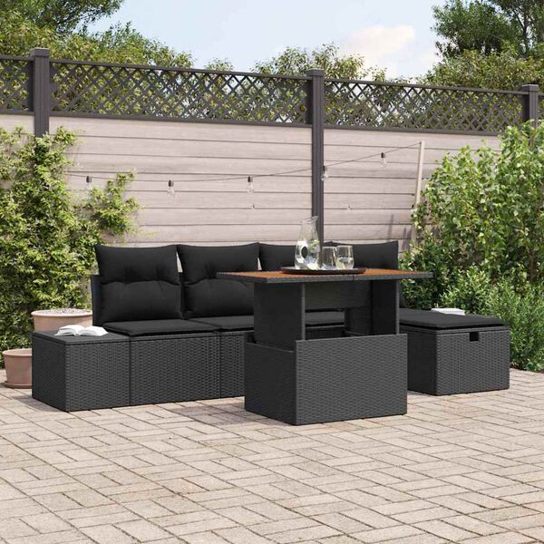 vidaXL Garden Sofa Set Height-Adjustable 6 pcs Black Poly Rattan