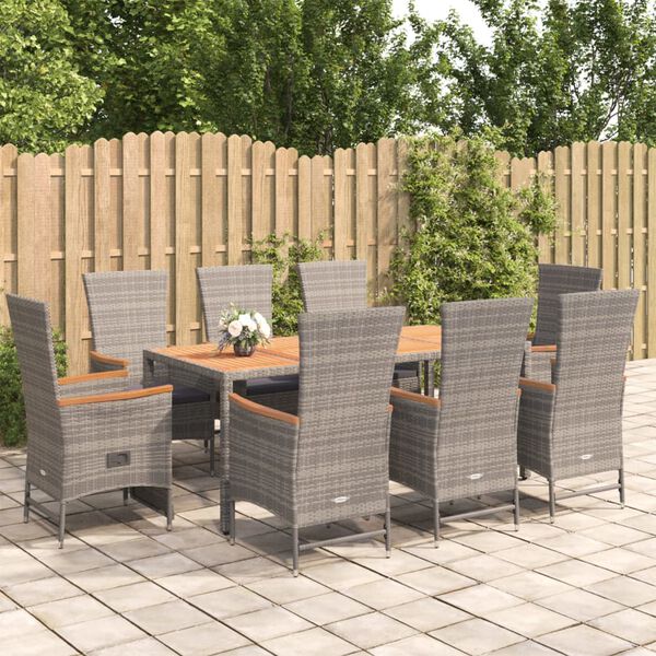 vidaXL 9 Piece Garden Dining Set with Cushions Grey Poly Rattan