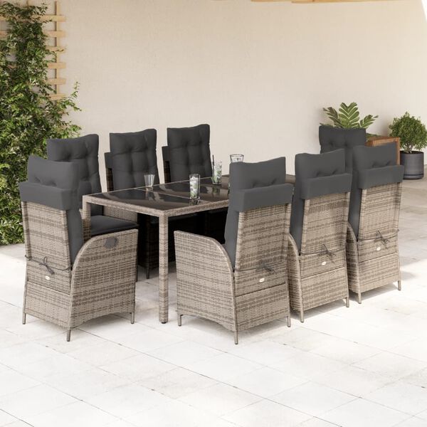 vidaXL 9 Piece Garden Dining Set with Cushions Grey Poly Rattan