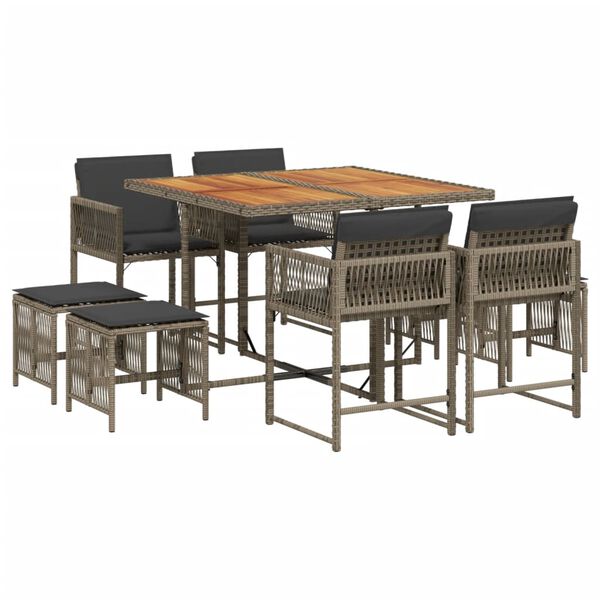 vidaXL 9 Piece Garden Dining Set with Cushions Grey Poly Rattan