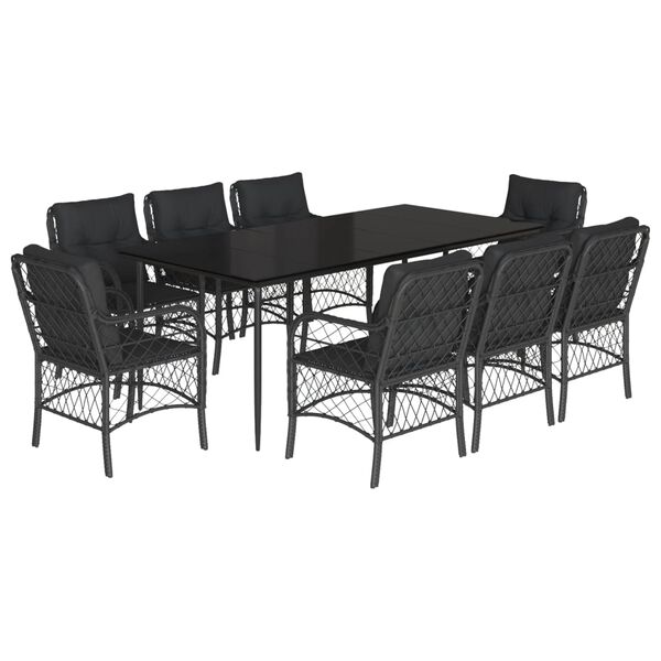 vidaXL 9 Piece Garden Dining Set with Cushions Black Poly Rattan
