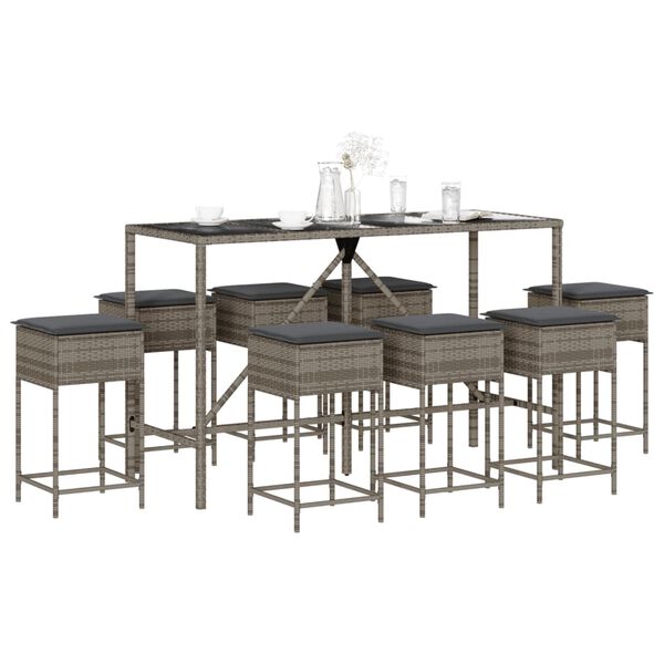 vidaXL 9 Piece Garden Bar Set with Cushions Grey Poly Rattan