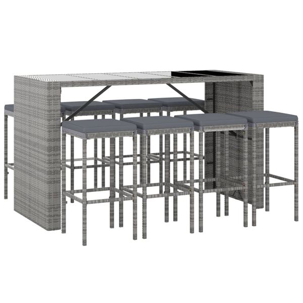 vidaXL 9 Piece Garden Bar Set with Cushions Grey Poly Rattan