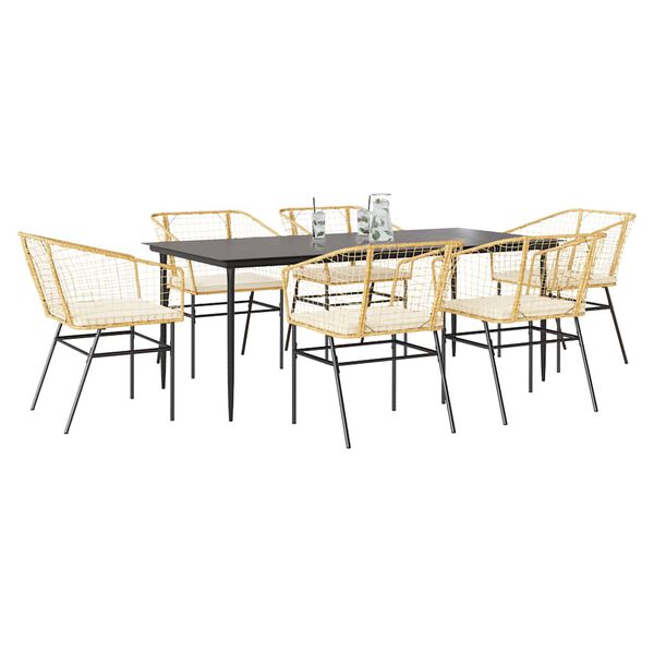 vidaXL 7 Piece Garden Dining Set with Cushions Brown Poly Rattan Glass