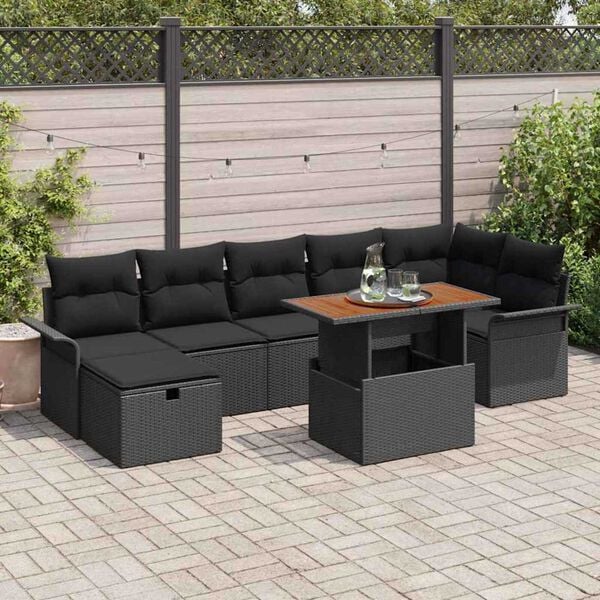 vidaXL Garden Sofa Set Height-Adjustable 8 pcs Black Poly Rattan