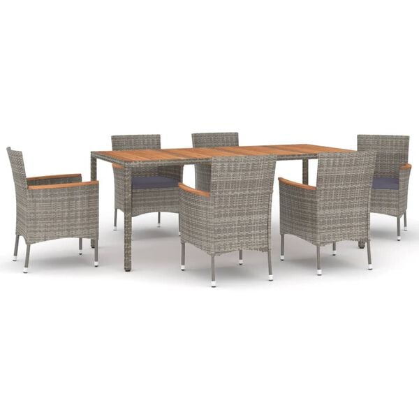 vidaXL 7 Piece Garden Dining Set with Cushions Grey Poly Rattan