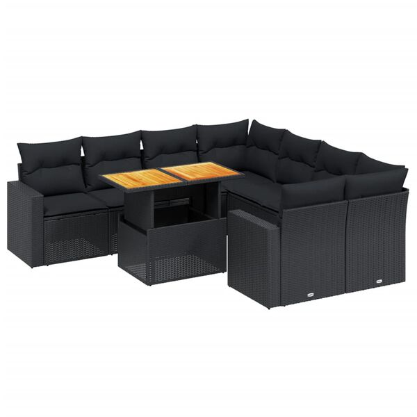 vidaXL 9 Piece Garden Sofa Set with Cushions Black Poly Rattan