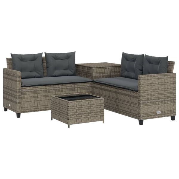 vidaXL Garden Sofa with Table and Cushions L-Shaped Grey Poly Rattan