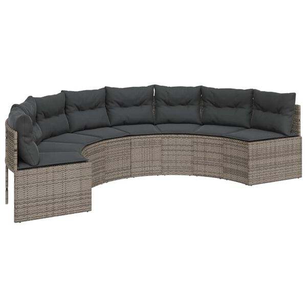 vidaXL Garden Sofa with Table and Cushions Half-Round Grey Poly Rattan