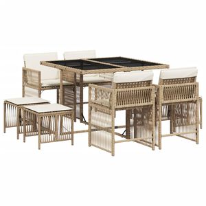 vidaXL 9 Piece Garden Dining Set with Cushions Beige Poly Rattan
