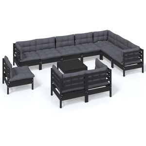 vidaXL 11 Piece Garden Lounge Set with Cushions Black Solid Pinewood