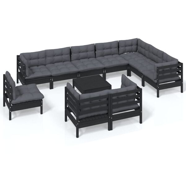 vidaXL 11 Piece Garden Lounge Set with Cushions Black Solid Pinewood
