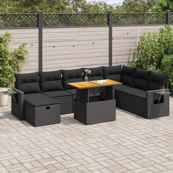 vidaXL 9 Piece Garden Sofa Set with Cushions Black Poly Rattan Acacia