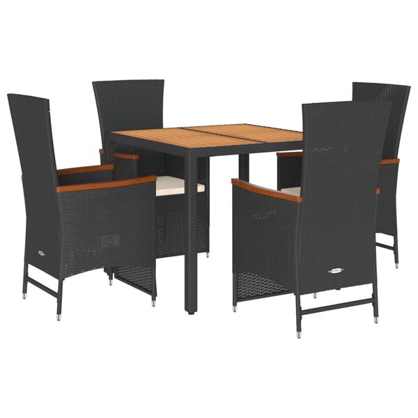 vidaXL 5 Piece Garden Dining Set with Cushions Black Poly Rattan