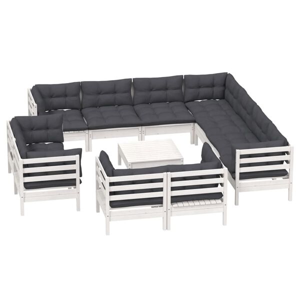 vidaXL 12 Piece Garden Lounge Set with Cushions White Solid Pinewood