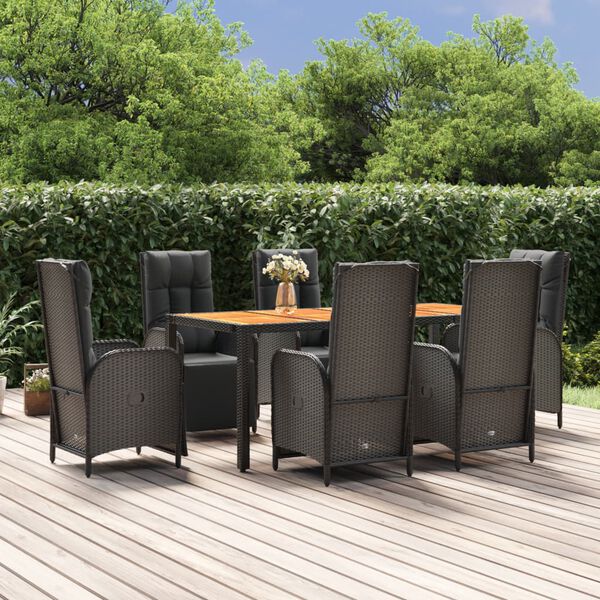 vidaXL 7 Piece Garden Dining Set with Cushions Black Poly Rattan