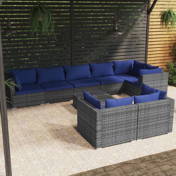 vidaXL 9 Piece Garden Lounge Set with Cushions Grey Poly Rattan
