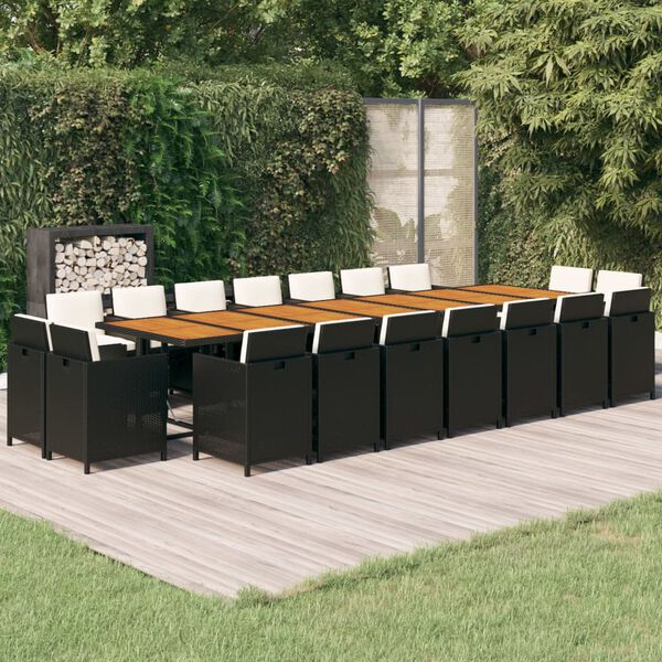 vidaXL 19 Piece Garden Dining Set with Cushions Black Poly Rattan