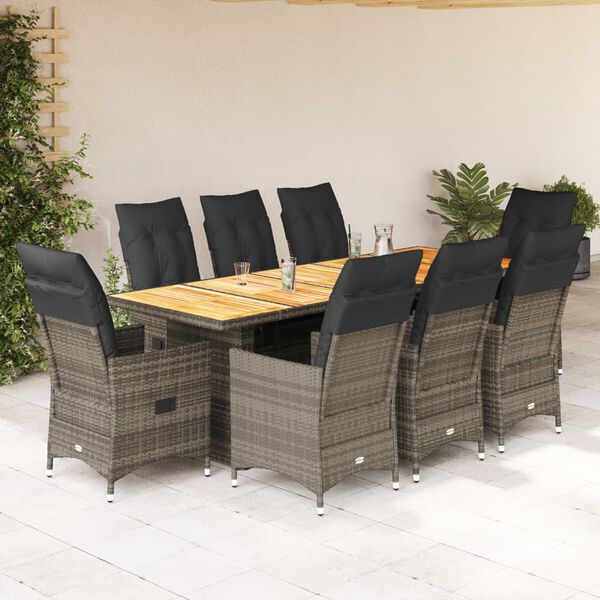 vidaXL 9 Piece Garden Bistro Set with Cushions Grey Poly Rattan