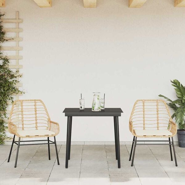 vidaXL 3 Piece Garden Dining Set with Cushions Brown Poly Rattan Glass