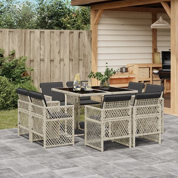 vidaXL 9 Piece Garden Dining Set with Cushions Light Grey Poly Rattan