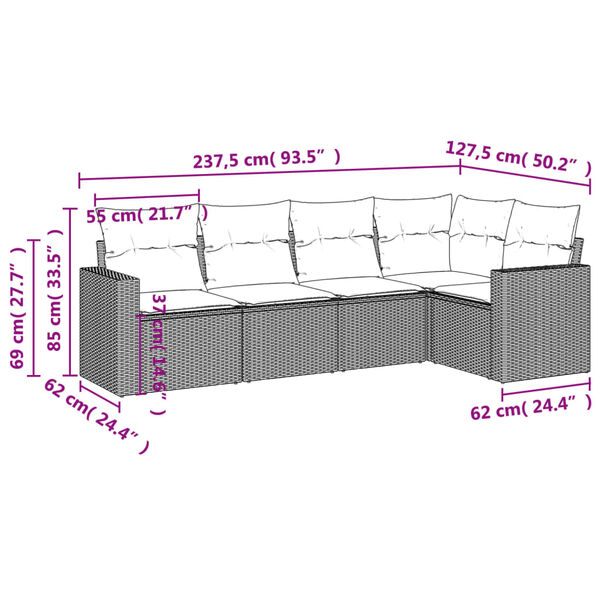 vidaXL 5 Piece Garden Sofa Set with Cushions Grey Poly Rattan