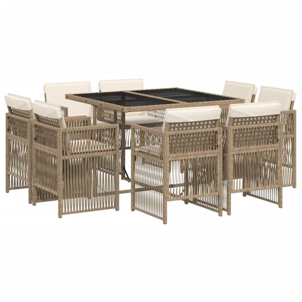 vidaXL 9 Piece Garden Dining Set with Cushions Beige Poly Rattan