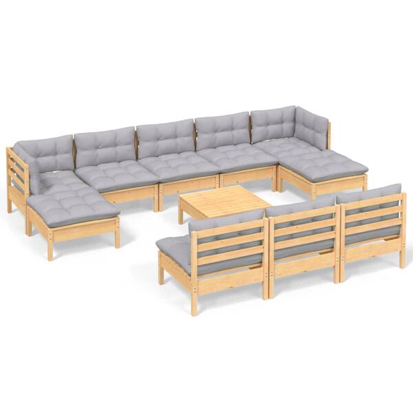 vidaXL 11 Piece Garden Lounge Set with Grey Cushions Pinewood