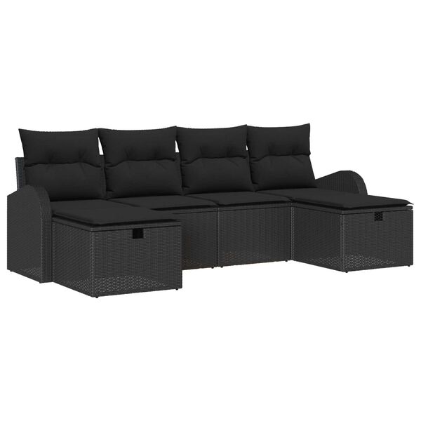 vidaXL Garden Sofa Set with Cushion 6 pcs Black Poly Rattan