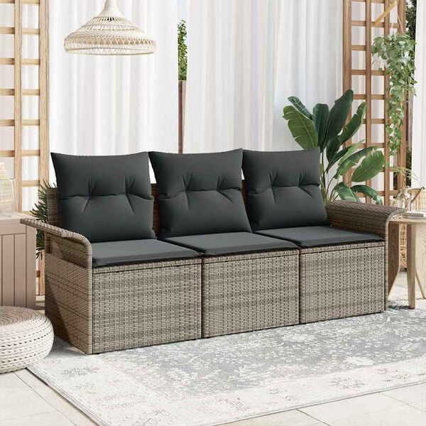 vidaXL Sofa Set with Cushion 3 pcs Grey Poly Rattan