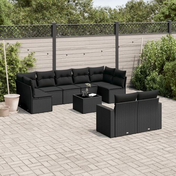 vidaXL 10 Piece Garden Sofa Set with Cushions Black Poly Rattan