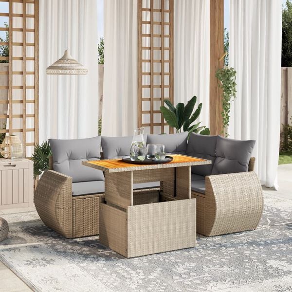vidaXL 5 Piece Garden Sofa Set with Cushions Beige Poly Rattan