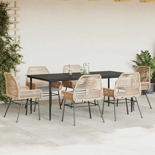 vidaXL 7 Piece Garden Dining Set with Cushions Brown Poly Rattan Glass