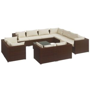 vidaXL 12 Piece Garden Lounge Set with Cushions Brown Poly Rattan