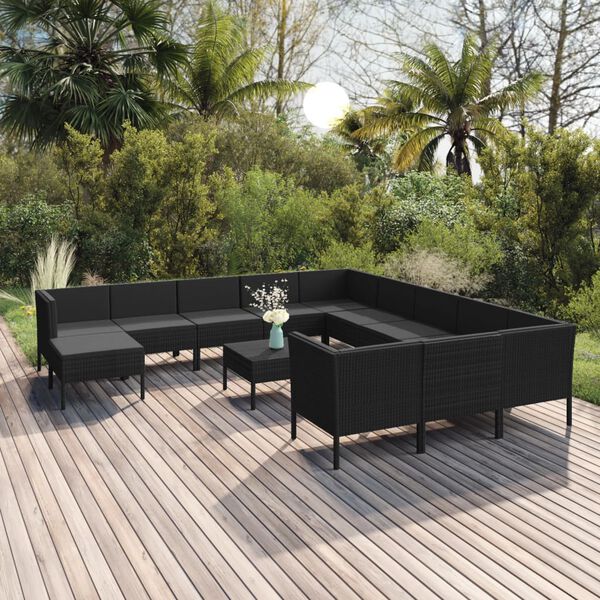 vidaXL 13 Piece Garden Lounge Set with Cushions Poly Rattan Black