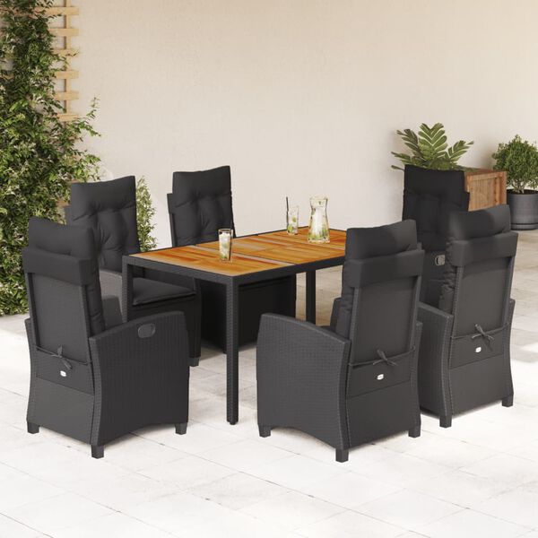 vidaXL 7 Piece Garden Dining Set with Cushions Black Poly Rattan