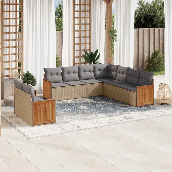 vidaXL 9 Piece Garden Sofa Set with Cushions Beige Poly Rattan