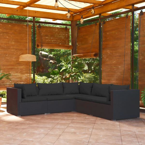 vidaXL 5 Piece Garden Lounge Set with Cushions Poly Rattan Black