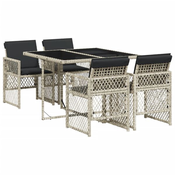 vidaXL 5 Piece Garden Dining Set with Cushions Light Grey Poly Rattan