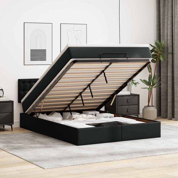 vidaXL Ottoman Bed with Mattresses & LEDs Black Queen Faux Leather