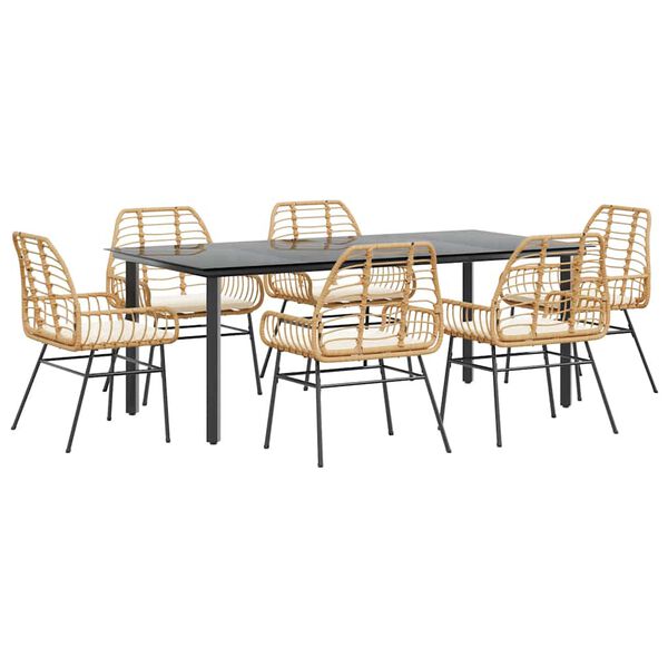 vidaXL 7 Piece Garden Dining Set with Cushions Brown Poly Rattan Glass