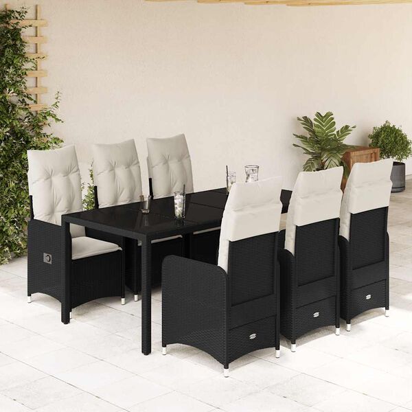 vidaXL 7 Piece Garden Bistro Set with Cushions Black Poly Rattan