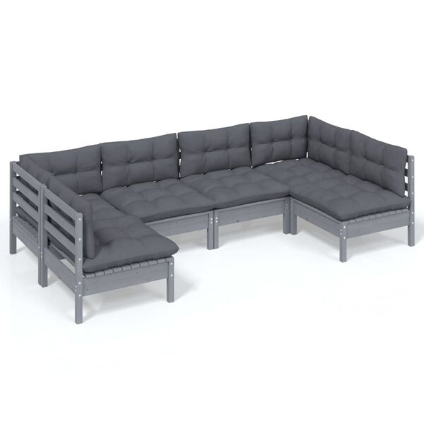 vidaXL 6 Piece Garden Lounge Set with Cushions Grey Solid Pinewood