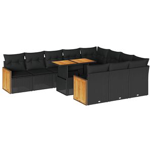 vidaXL 11 Piece Garden Sofa Set with Cushions Black Poly Rattan Acacia