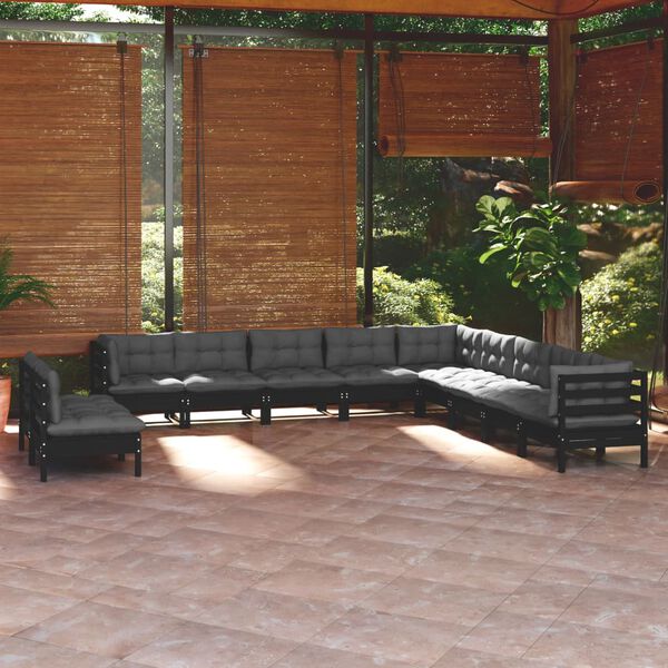 vidaXL 11 Piece Garden Lounge Set with Cushions Black Solid Pinewood