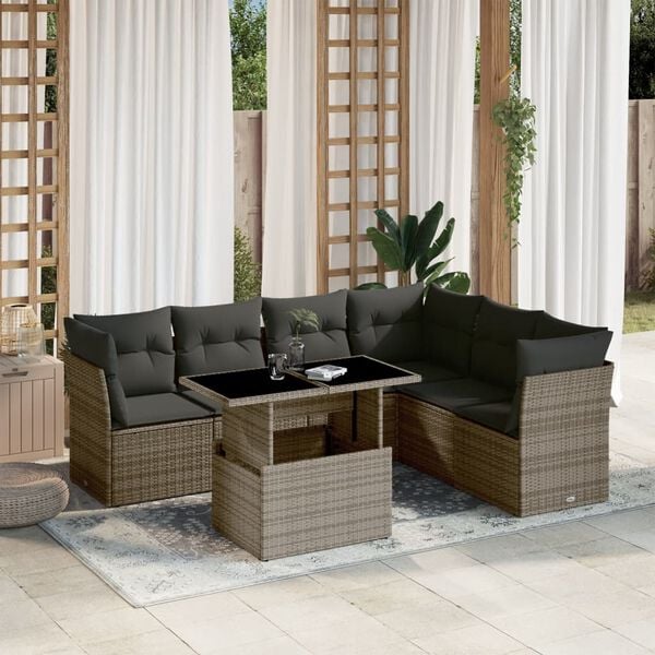 vidaXL 7 Piece Garden Sofa Set with Cushions Grey Poly Rattan