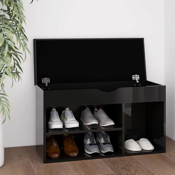 vidaXL Shoe Bench with Cushion High Gloss Black 80x30x47 cm Engineered Wood