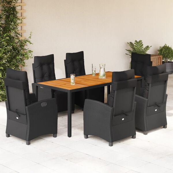 vidaXL 7 Piece Garden Dining Set with Cushions Black Poly Rattan